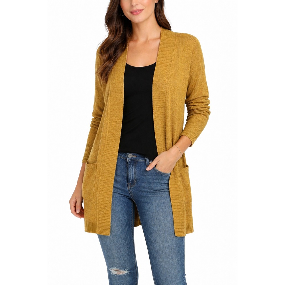 Chelsea 28 Womens Open Front Longline‎ Cardigan Sweater Mustard Olive Green Sz M